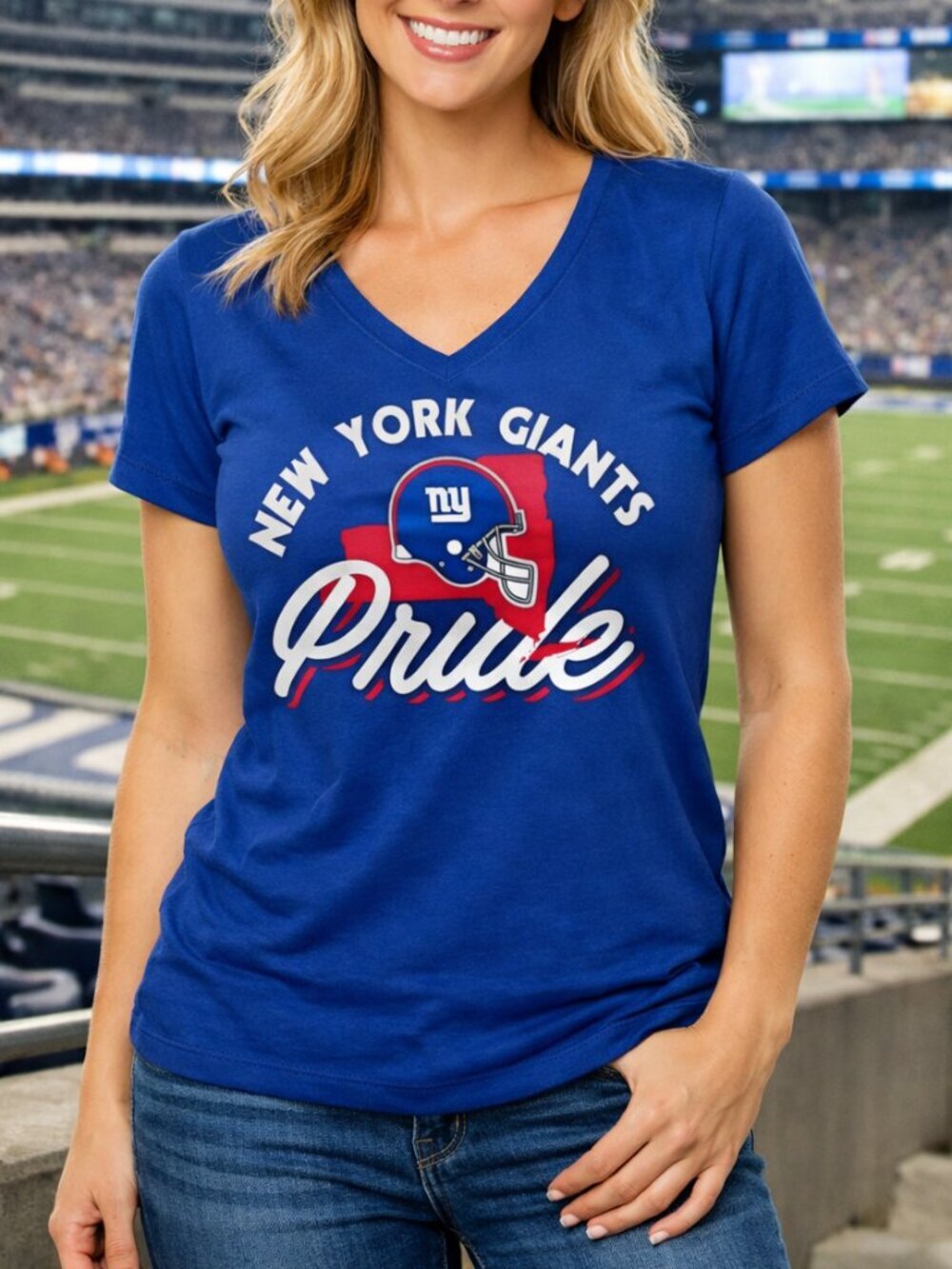 New York Giants Women’s V‑Neck Tee – Blue Short Sleeve NFL Team Apparel Size L